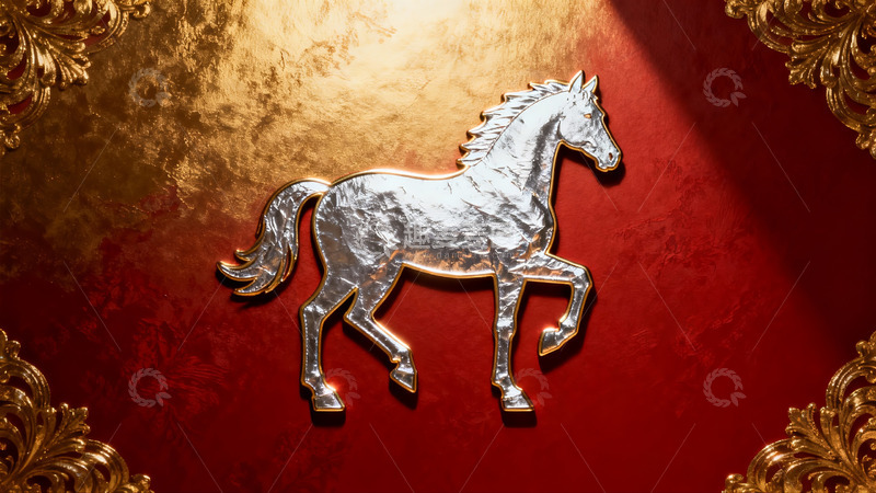 高清大图下载【趣麦麦图】金色背景上的银色马形装饰