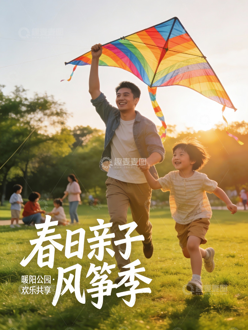 高清大图下载【趣麦麦图】春日公园亲子放风筝