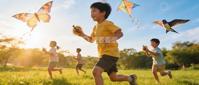 高清大图下载【趣麦麦图】儿童户外放风筝欢乐场景