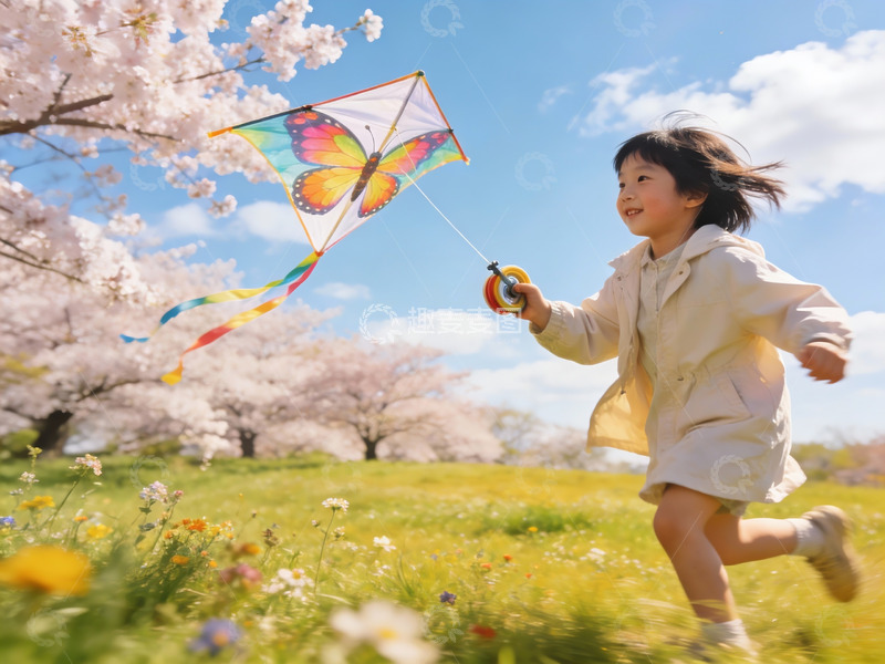 高清大图下载【趣麦麦图】小女孩樱花树下放风筝