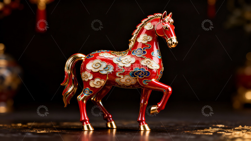 高清大图下载【趣麦麦图】红色珐琅马雕塑特写