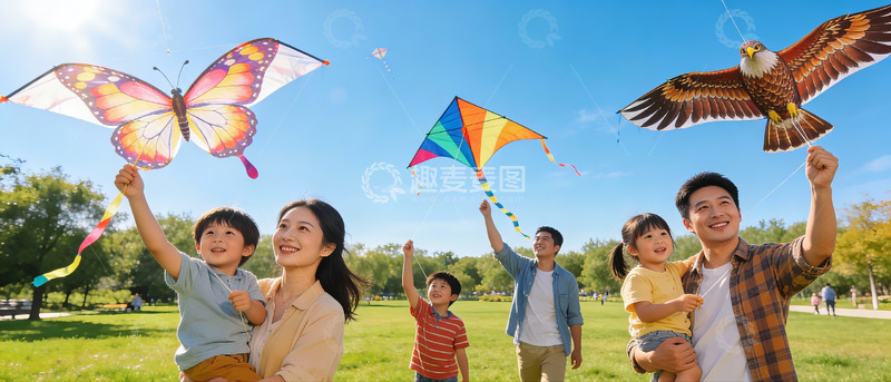 高清大图下载【趣麦麦图】家庭户外放风筝欢乐场景