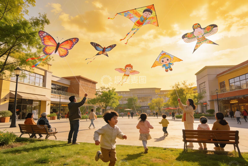 高清大图下载【趣麦麦图】夕阳下公园放风筝欢乐场景