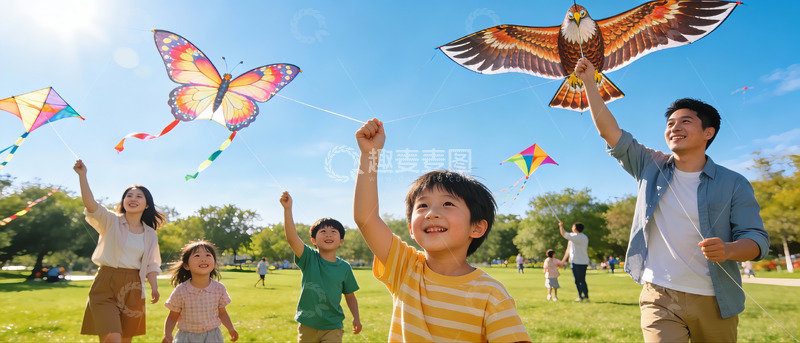 高清大图下载【趣麦麦图】家庭户外放风筝欢乐场景
