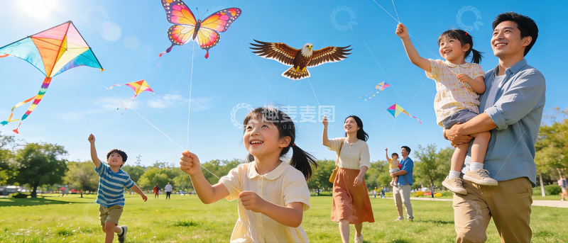 高清大图下载【趣麦麦图】家庭户外放风筝欢乐场景