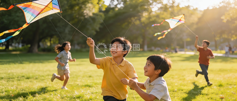 高清大图下载【趣麦麦图】孩子们户外放风筝欢乐场景
