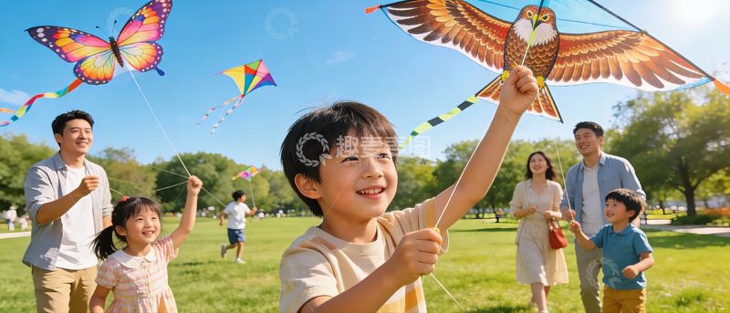 高清大图下载【趣麦麦图】家庭户外放风筝欢乐场景