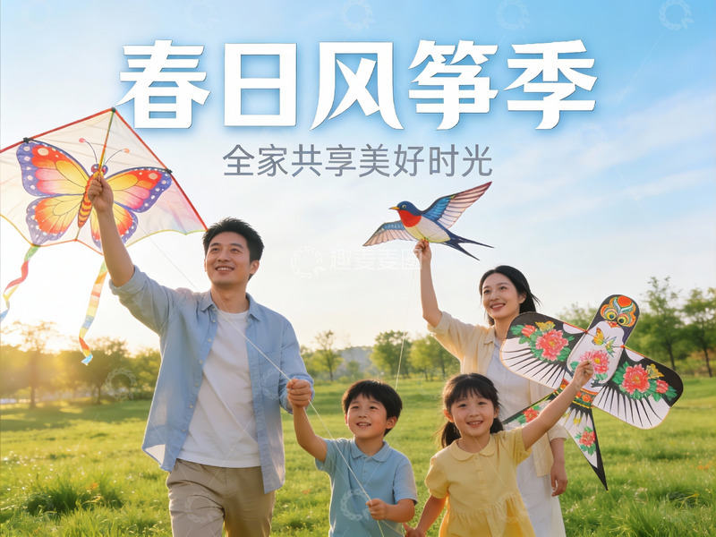 高清大图下载【趣麦麦图】春日户外放风筝全家乐