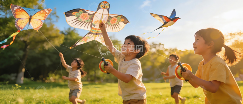 高清大图下载【趣麦麦图】孩子们户外放风筝欢乐场景