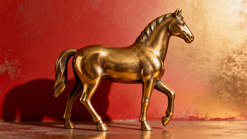 金色马雕像静立红墙前