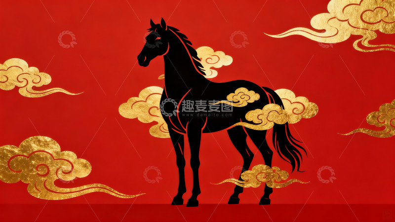 高清大图下载【趣麦麦图】红色背景上的黑色马剪影与金色祥云