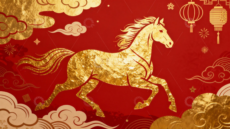 高清大图下载【趣麦麦图】红色背景金色骏马祥云图案