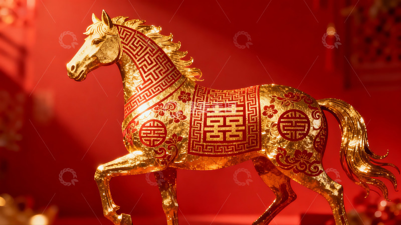 高清大图下载【趣麦麦图】金色马雕装饰红色背景寓意吉祥