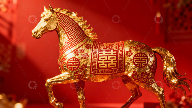 金色马雕装饰红色背景寓意吉祥