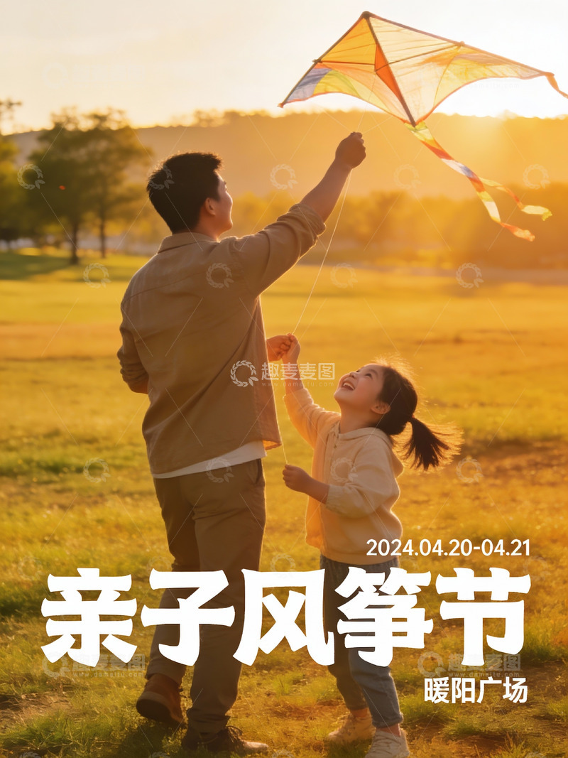 高清大图下载【趣麦麦图】父女放风筝欢乐时光