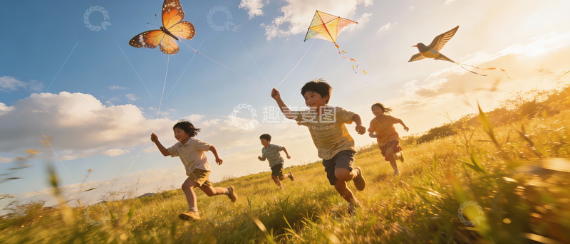 高清大图下载【趣麦麦图】孩童草地上放风筝嬉戏