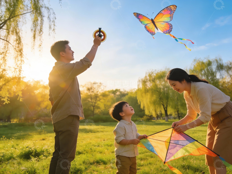 高清大图下载【趣麦麦图】一家三口户外放风筝