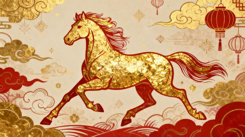 高清大图下载【趣麦麦图】金色骏马祥云灯笼图案