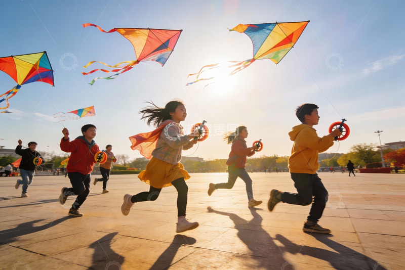 高清大图下载【趣麦麦图】孩子们放风筝欢乐奔跑