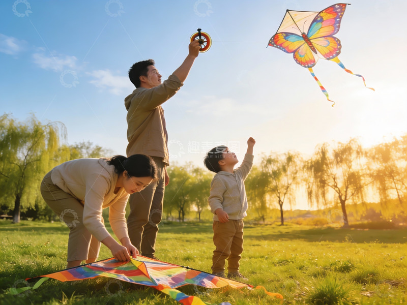高清大图下载【趣麦麦图】家庭户外放风筝欢乐时光