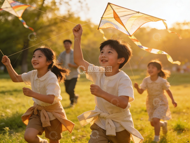 高清大图下载【趣麦麦图】孩子们户外放风筝欢乐场景