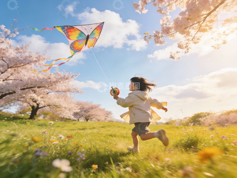 高清大图下载【趣麦麦图】春日花树下放风筝