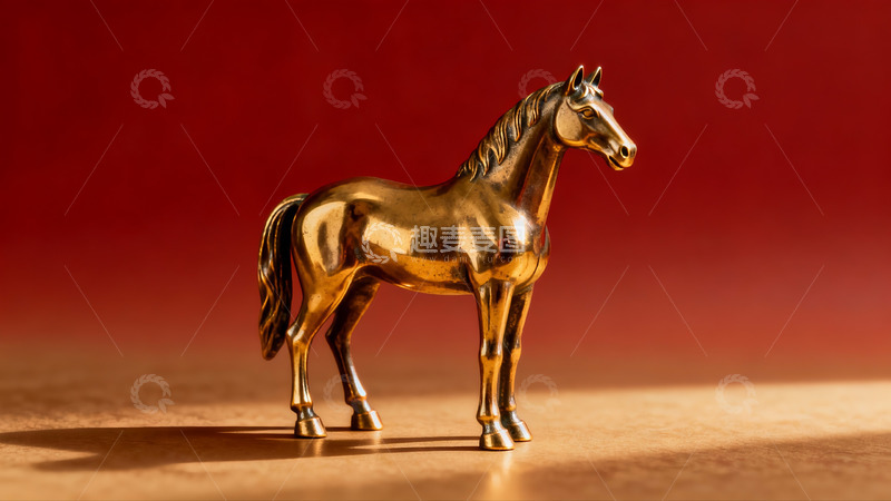 高清大图下载【趣麦麦图】金色马雕像静立红背景前