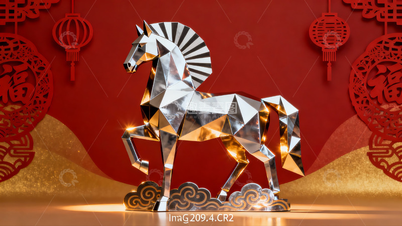 高清大图下载【趣麦麦图】金属马雕塑新年装饰摆件