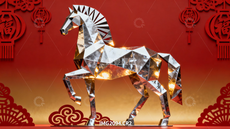 高清大图下载【趣麦麦图】红色背景下的金属马雕塑