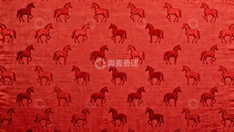 高清大图下载【趣麦麦图】红色布料上的奔跑马纹样图案