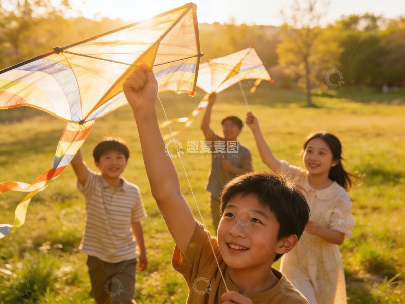 高清大图下载【趣麦麦图】孩子们户外放风筝欢乐场景