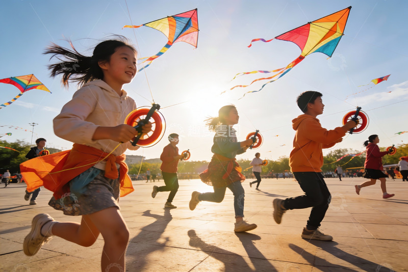 高清大图下载【趣麦麦图】孩子们放风筝奔跑欢乐场景