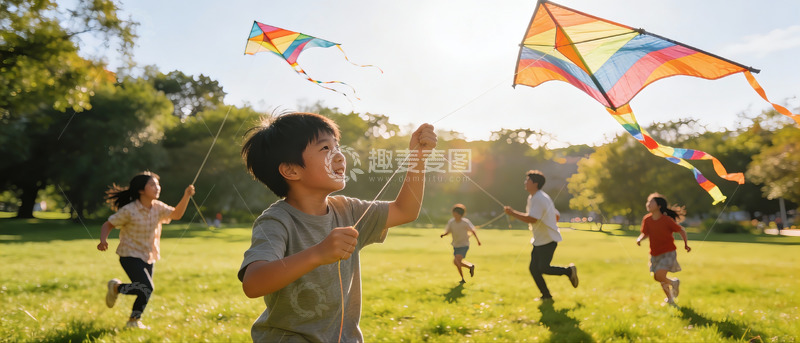 高清大图下载【趣麦麦图】孩子们户外放风筝欢乐场景