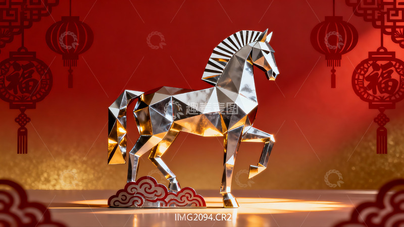 高清大图下载【趣麦麦图】金属马雕塑与红色灯笼装饰