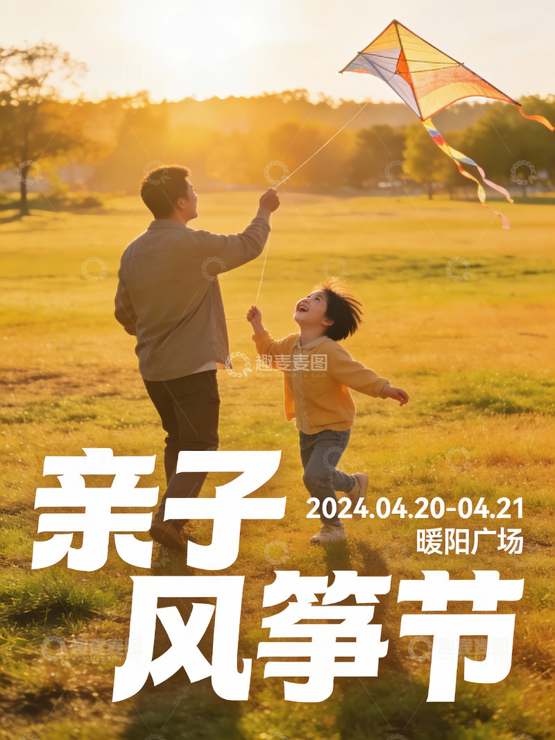 高清大图下载【趣麦麦图】父子草地上放风筝欢乐时光