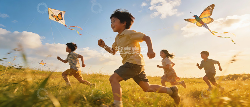 高清大图下载【趣麦麦图】孩童户外放风筝欢乐奔跑
