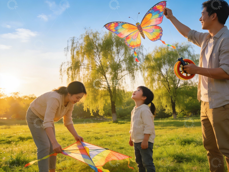 高清大图下载【趣麦麦图】一家三口户外放风筝