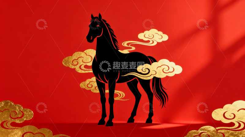 高清大图下载【趣麦麦图】红色背景上的黑色马剪影与金色祥云
