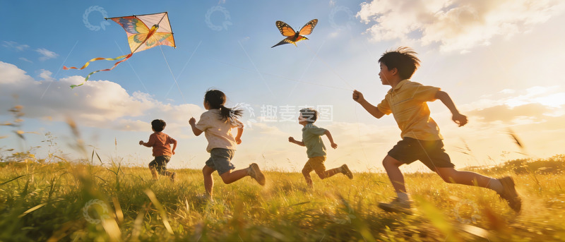 高清大图下载【趣麦麦图】儿童草地上放风筝奔跑