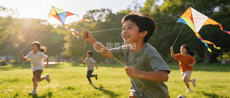高清大图下载【趣麦麦图】孩子们户外放风筝欢乐奔跑