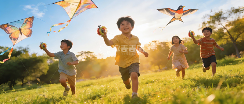 高清大图下载【趣麦麦图】孩子们户外放风筝欢乐奔跑