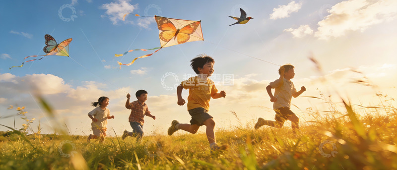 高清大图下载【趣麦麦图】儿童草地上放风筝奔跑