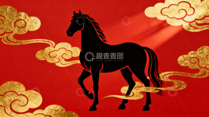 高清大图下载【趣麦麦图】红色背景上的黑色马剪影图案
