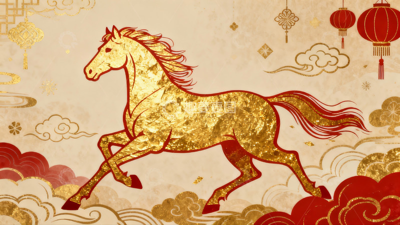 高清大图下载【趣麦麦图】金色骏马祥云红灯笼图案