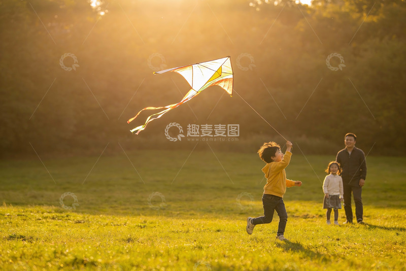 高清大图下载【趣麦麦图】父子草地上放风筝