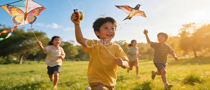高清大图下载【趣麦麦图】儿童户外放风筝欢乐场景
