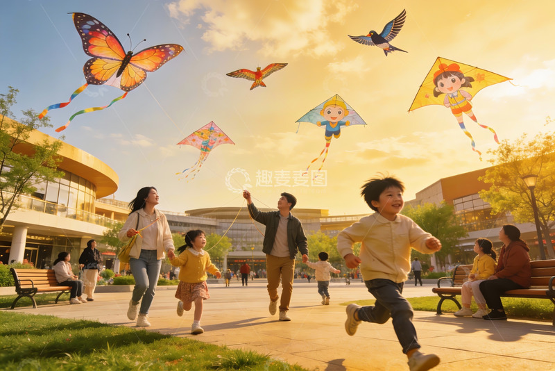 高清大图下载【趣麦麦图】家庭户外放风筝欢乐场景