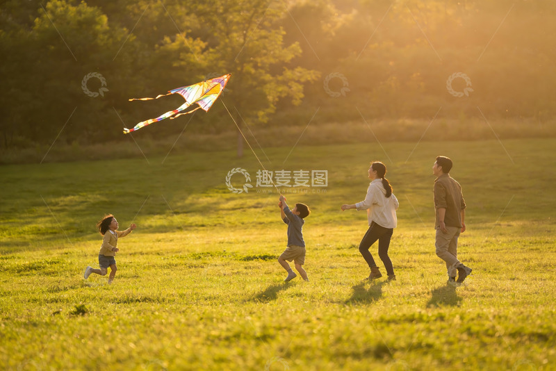 高清大图下载【趣麦麦图】一家四口草地上放风筝
