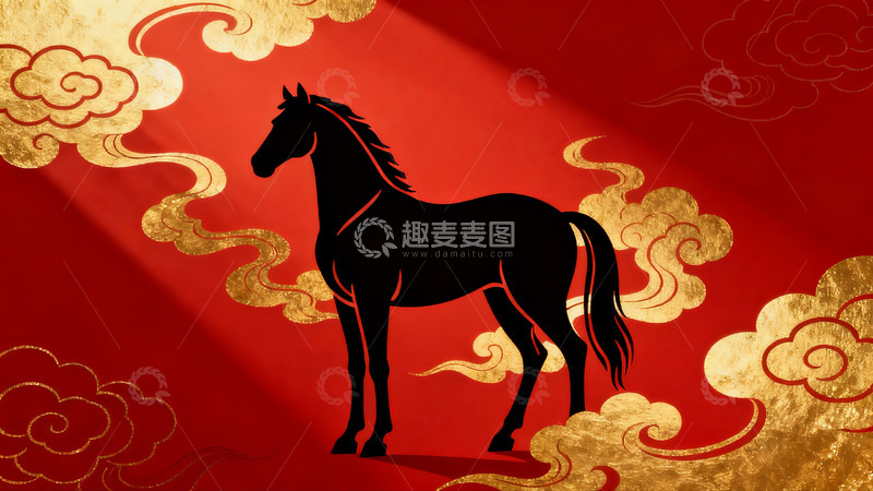 高清大图下载【趣麦麦图】红色背景上的黑色马剪影图案