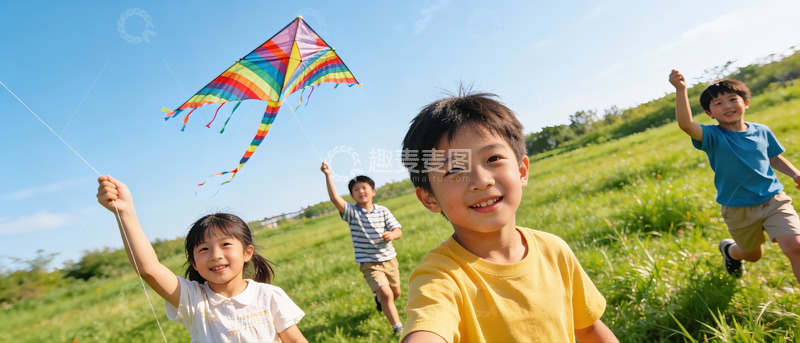 高清大图下载【趣麦麦图】儿童草地上放风筝欢乐场景